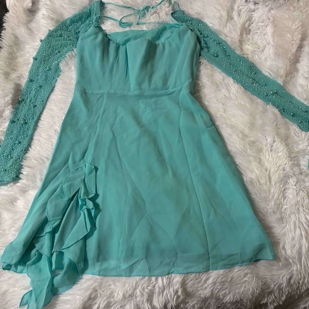 Oh Polly Light Blue Beaded Long Sleeve Dress - Picture 5 of 7